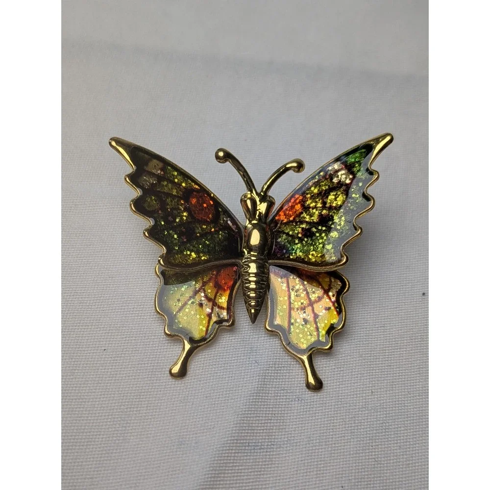 Vintage‎ Gold Tone Glitter Enamel Butterfly Brooch Pin Green Orange Whimsical